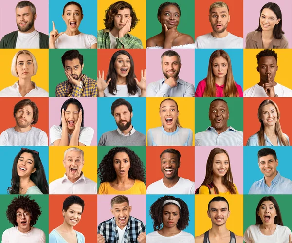 Serie de diversas caras humanas que expresan diversas emociones, posando sobre brillantes fondos de estudio. Concepto de sociedad —  Fotos de Stock