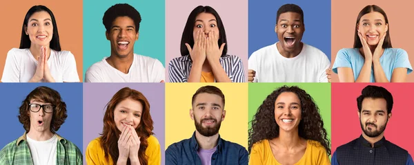 Hoofdfoto 's van multi-etnische mannen en vrouwen poseren, uiten van verschillende emoties op kleurrijke achtergronden, collage — Stockfoto