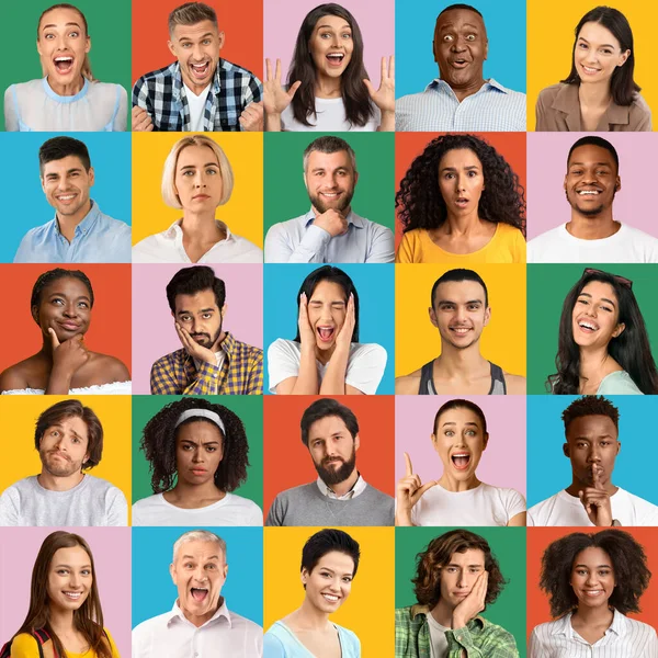 Gente multirracial emocional collage. Retratos humanos con varias expresiones faciales en fondos de estudio coloridos — Foto de Stock
