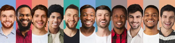 Vrolijke jongens verschillende nationaliteiten op kleurrijke achtergronden — Stockfoto
