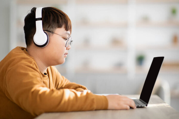 Side view of asian teenager using laptop with empty screen