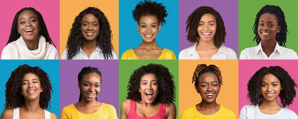 Lindas senhoras negras sorrindo em diversas origens, coleção — Fotografia de Stock