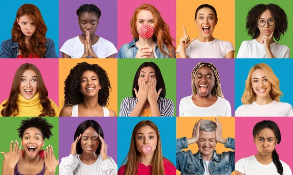 Különböző nők kollázsa, akik különböző érzelmeket fejeznek ki színes háttérrel — Stock Fotó