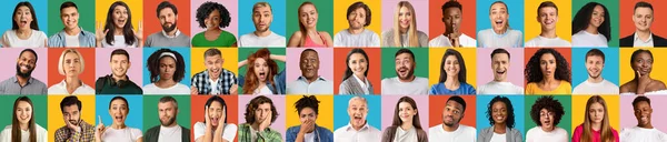 Várias emoções colagem. Conjunto de pessoas muticulturais rostos expressando seus sentimentos em fundos coloridos brilhantes — Fotografia de Stock