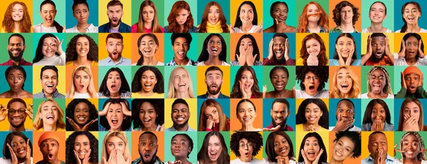 Colagem de multirraciais millennials pessoas emocionais retratos — Fotografia de Stock