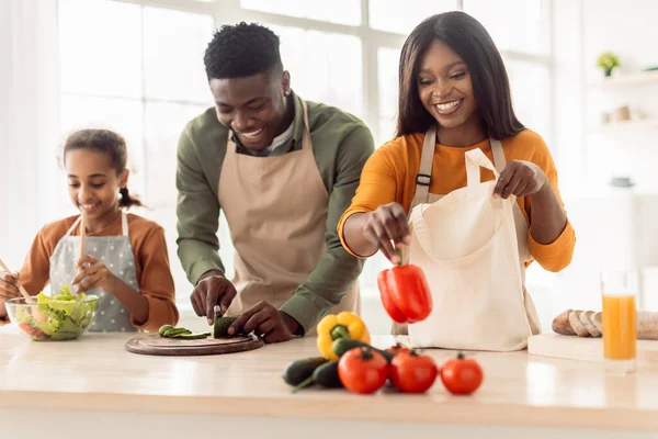 Ensalada de cocina familiar negra Desempacar la bolsa de compras en la cocina — Foto de Stock