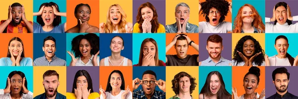 Pessoas posando em fundos de estúdio coloridos, mostrando expressões diferentes — Fotografia de Stock