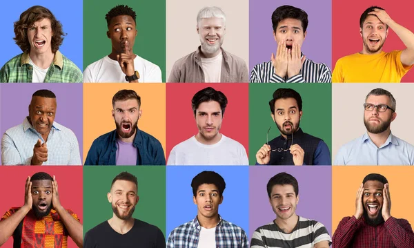 Kolaż różnorodnych mężczyzn wyrażających różne emocje na kolorowych tłach — Zdjęcie stockowe