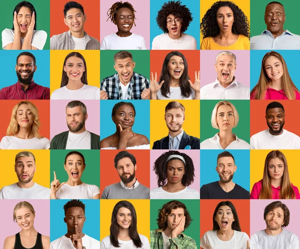 Gesichter multiethnischer Menschen, die verschiedene Emotionen vor der Kamera zeigen und auf farbenfrohen Hintergründen posieren. Generationsvielfalt — Stockfoto