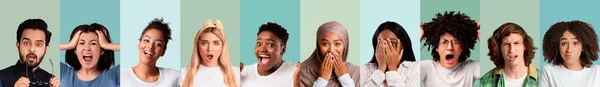 Multietnické milénia sdílení různých emocí na barevném pozadí, koláž — Stock fotografie