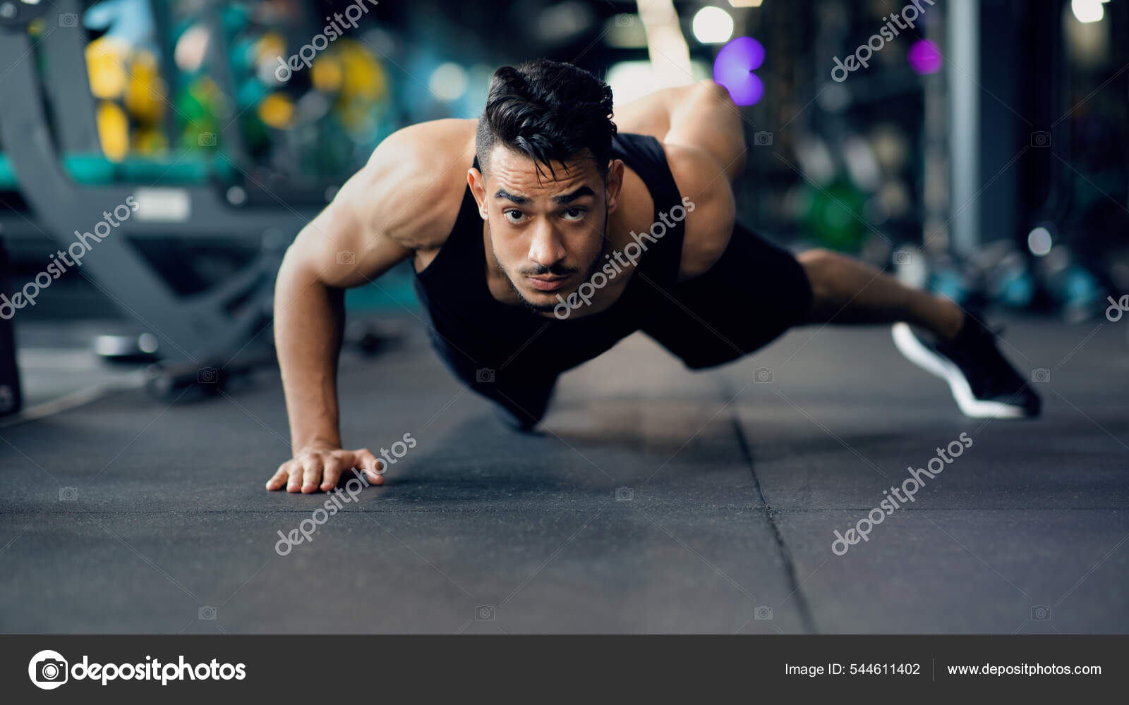 Motivated Young Arab Sportsman Making Push Up Exercise On One Hand