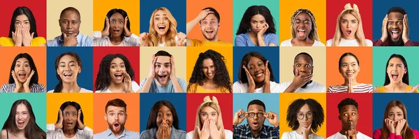 Collage av multietniska unga känslomässiga människor foton — Stockfoto
