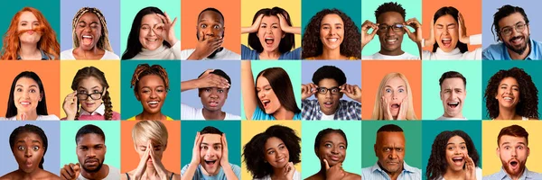 Homens e mulheres multiétnicos que mostram emoções positivas e negativas, panorama — Fotografia de Stock
