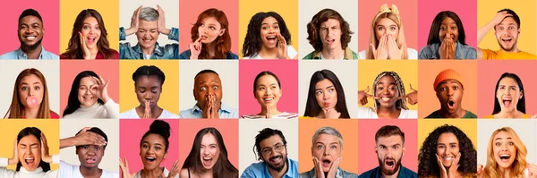 Homens e mulheres multirraciais mostrando emoções positivas e negativas, colagem — Fotografia de Stock