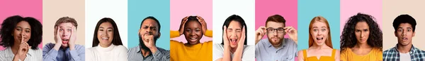 Jóvenes multirraciales mostrando diferentes emociones, estandarte — Foto de Stock