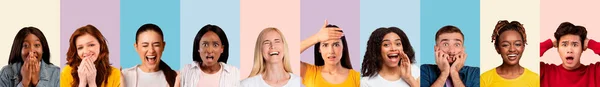 Multiethnische Millennials, die verschiedene Emotionen ausdrücken, Collage, Panorama — Stockfoto