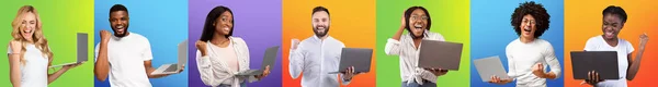 Colagem de homens e mulheres muito felizes usando computadores portáteis e celebrando o sucesso, panorama — Fotografia de Stock