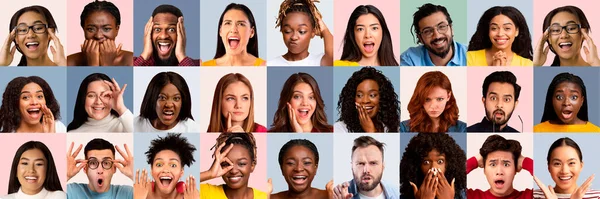 Pessoas multiétnicas milenares estudantes mostrando emoções diferentes, conjunto de fotos — Fotografia de Stock