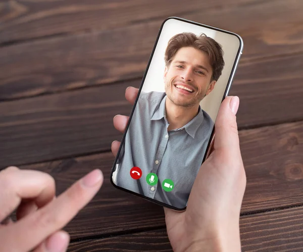 Cropped of woman having video conference with boyfriend, holding smartphone with guy photo on screen, collage — Stock Photo, Image