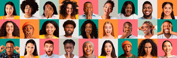 Set of different multiethnic people expressing various emotions
