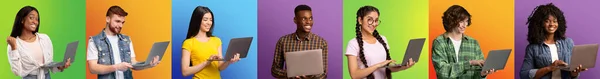 Coleção de fotos de homens e mulheres internacionais com computadores posando sobre fundos estúdio colorido, panorama — Fotografia de Stock