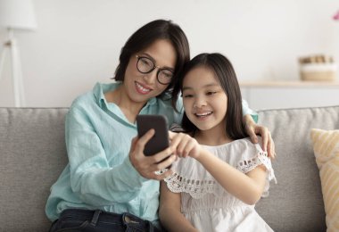 Asyalı büyükannesini ve tatlı torununu evde kanepede akıllı telefon kullanarak seviyor.