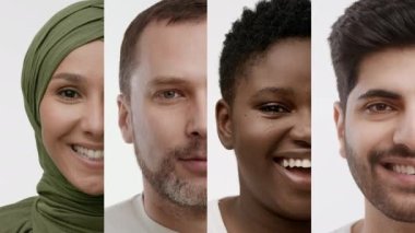 Gülümseyen, Beyaz Geçmişli, Çok Kültürlü İnsanların Yarım Portreleri Kolajı