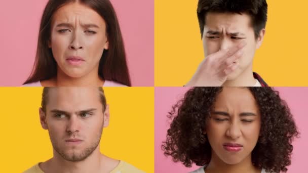 Sokszínű emberek érzi rossz szag, sárga és rózsaszín háttér, kollázs — Stock videók