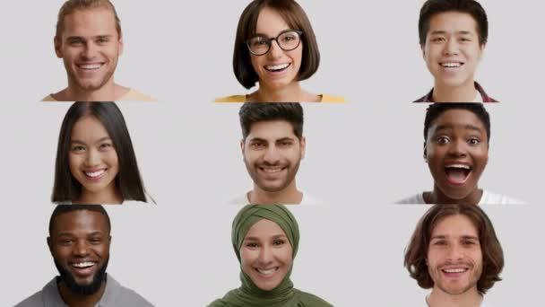 Sokszínű emberek portrék boldog Y-generációs fehér hátterű, kollázs — Stock videók