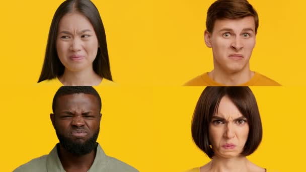 Disgusted Multicultural People Smelling Bad Stinky Smell, Yellow Background, Collage — Stock Video