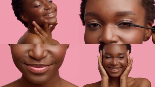 Wanita Afrika Membuat Makeup Peduli Untuk Kulit, Latar Belakang Merah Muda, Kolase — Stok Video