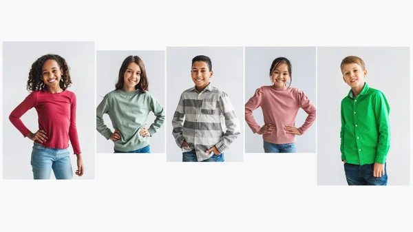 Collage di colpi con diversi bambini preadolescenti sorridenti, sfondo bianco — Foto Stock