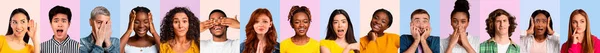 Set of emotional photos. Multiethnic people posing on colorful backgrounds — Stock Photo, Image