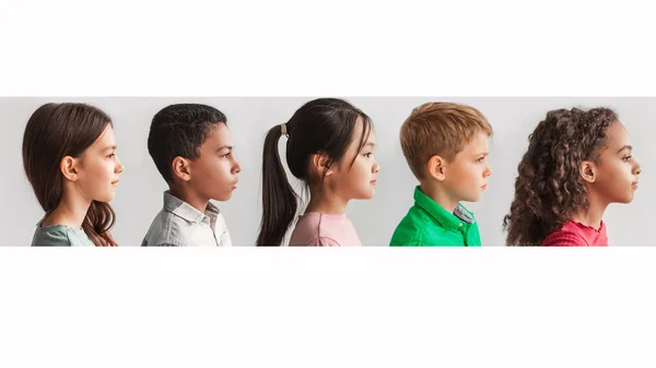 Collage Of Multicultural Preteen Kids Profile Portraits Over White Background — Stock Photo, Image