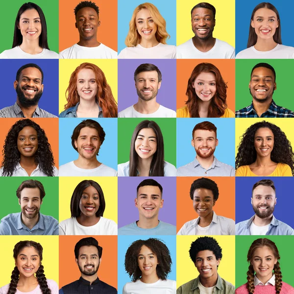 Colagem de homens e mulheres multirraciais retratos mostrando emoções felizes em fundos coloridos. Sociedade multiétnica — Fotografia de Stock