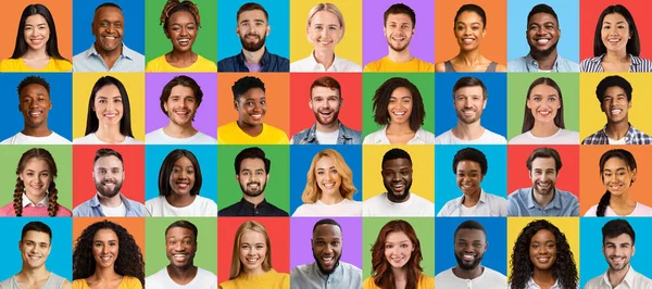 Conceito de comunidade multicultural. Colagem de sorrir diversas pessoas headshots sobre fundos estúdio brilhante, banner — Fotografia de Stock