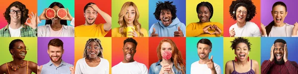 Positivo diferentes jóvenes diversos chicos y mujeres haciendo gestos y haciendo señas manos sobre fondo de color — Foto de Stock