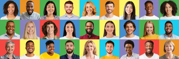 Colagem de pessoas alegres multiétnicas sorrindo em fundos de estúdio a cores, panorama. Conceito de sociedade humana internacional — Fotografia de Stock