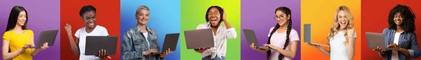 Ganar en línea. Emocionadas mujeres multiculturales con computadoras portátiles posando sobre fondos coloridos —  Fotos de Stock