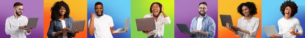 Fantastisk hemsida. Porträtt av spännande multietniska människor med bärbara datorer över färgglada bakgrunder — Stockfoto