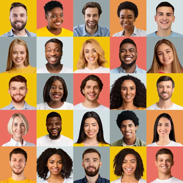 Diversas pessoas alegres retratos colagem sobre fundos de estúdio coloridos brilhantes. Colagem da diversidade humana — Fotografia de Stock