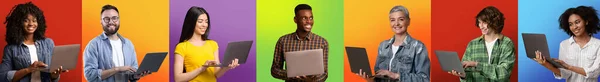 Fjärrarbetskoncept. Olika multietniska människor med bärbara datorer Posing Over Bright bakgrunder — Stockfoto