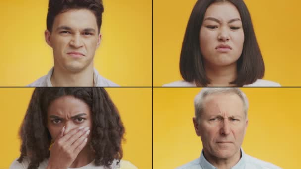 Undorító szag. Mozaik kollázs különböző elégedetlen férfiak és nők ráncolja az arcokat, szaga valami szörnyű — Stock videók