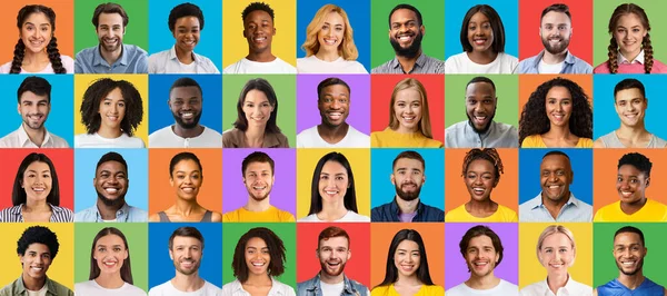 Collage positivo di persone multirazziali. Ritratti umani con espressioni facciali felici su luminosi sfondi colorati in studio — Foto Stock