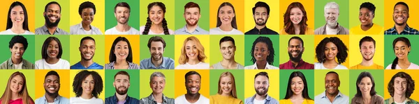 Boldog mosolygós nemzetközi emberek nézi webkamera sárga és zöld háttérrel — Stock Fotó