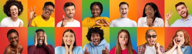Mutlu, şaşırmış, gülen Avrupalı genç ve Afrikalı Amerikalı erkekler ve bayanların çok renkli geçmişleri var.