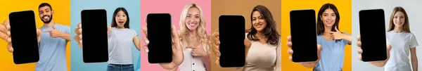 Set of multiracial millennial people with smartphones, mockup — Stock Photo, Image