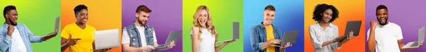 Försäljning på nätet. Porträtt av glada upphetsade människor med bärbara datorer över färgglada bakgrunder — Stockfoto