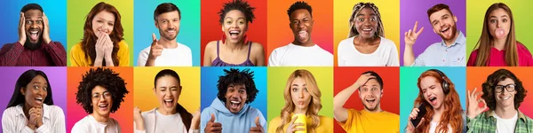 Pozitív összetétele különböző fiatal európai és fekete férfiak és nők gesztikuláló és jeleket — Stock Fotó