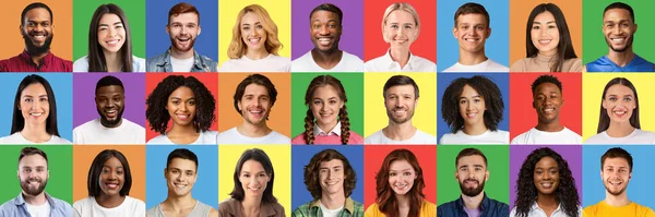 Cultivos diversos. Collage de varias personas multiétnicas sonrientes que expresan emociones positivas en fondos coloridos — Foto de Stock